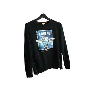Adidas Neo Mens Crew Sweatshirt Black Cotton Blend Full Sleeve Printed Size L